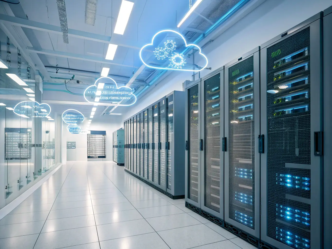 A modern data center image with cloud infrastructure and digital transformation graphics, representing Archon Talent Associates' Technology Modernization service.