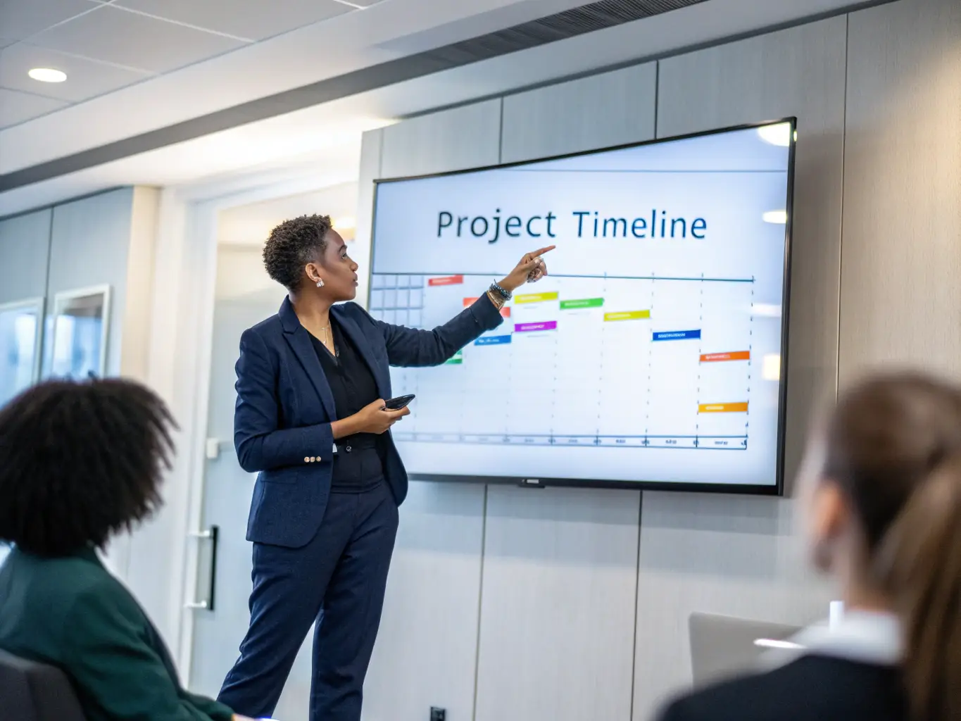 A consultant in a business suit is presenting a project timeline on a digital display to a team in a modern office setting, emphasizing project management expertise.