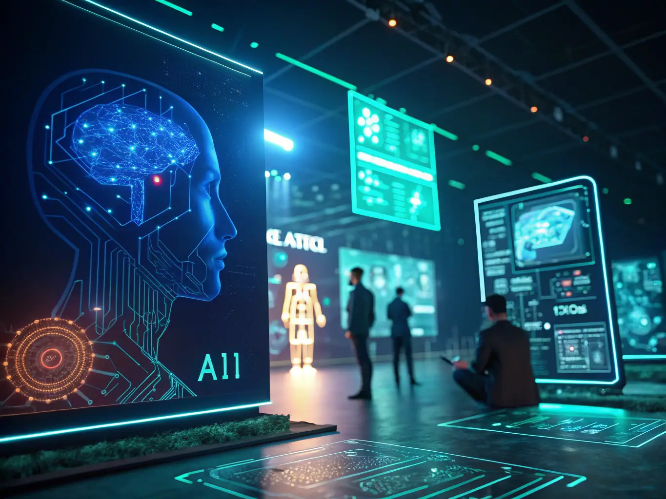 An AI specialist is configuring machine learning algorithms on a computer, with a holographic representation of neural networks floating above, symbolizing AI implementation.