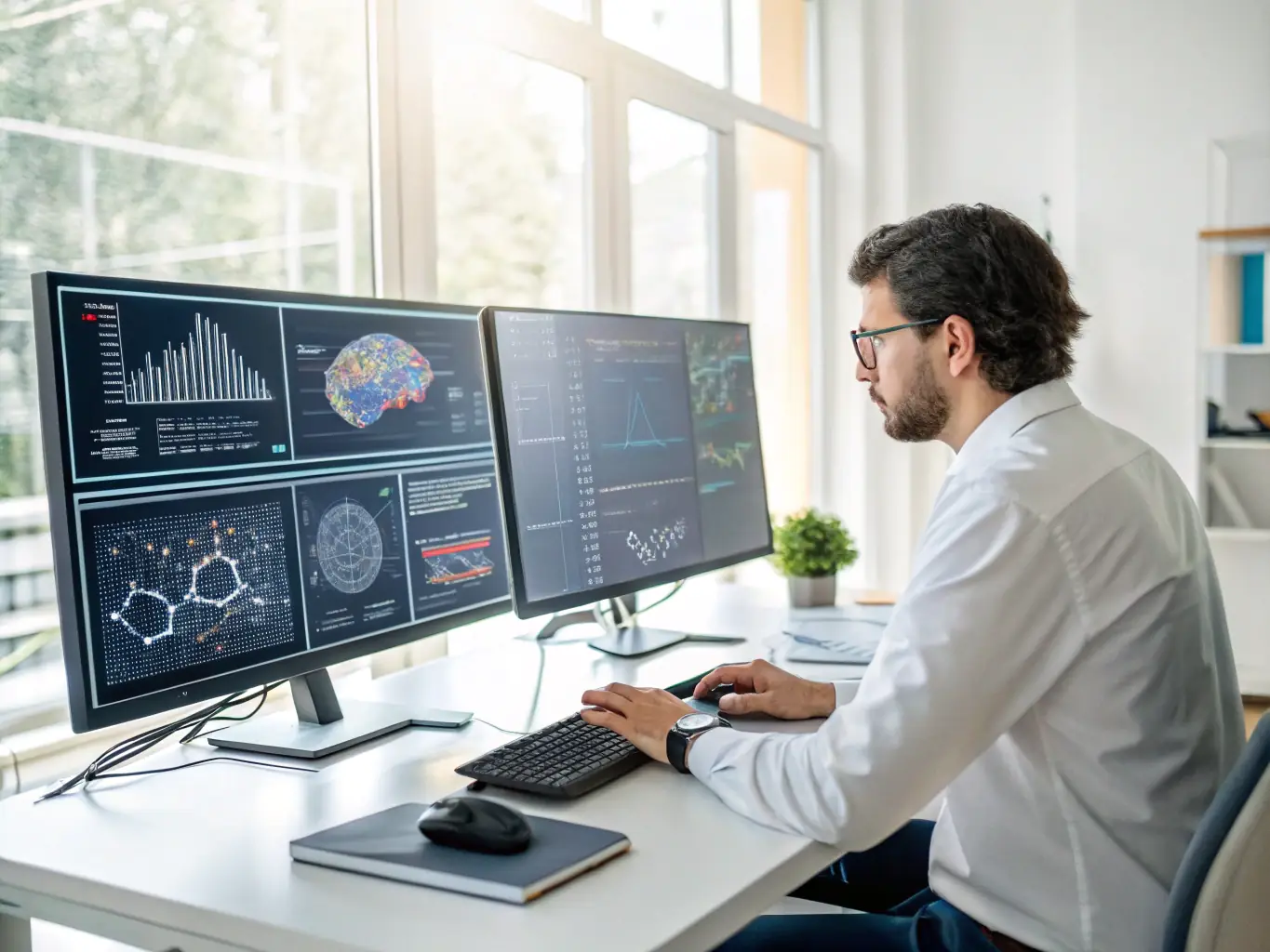 A data scientist is analyzing complex data sets on a large screen, with visual representations of data flows and governance frameworks, highlighting data modernization.